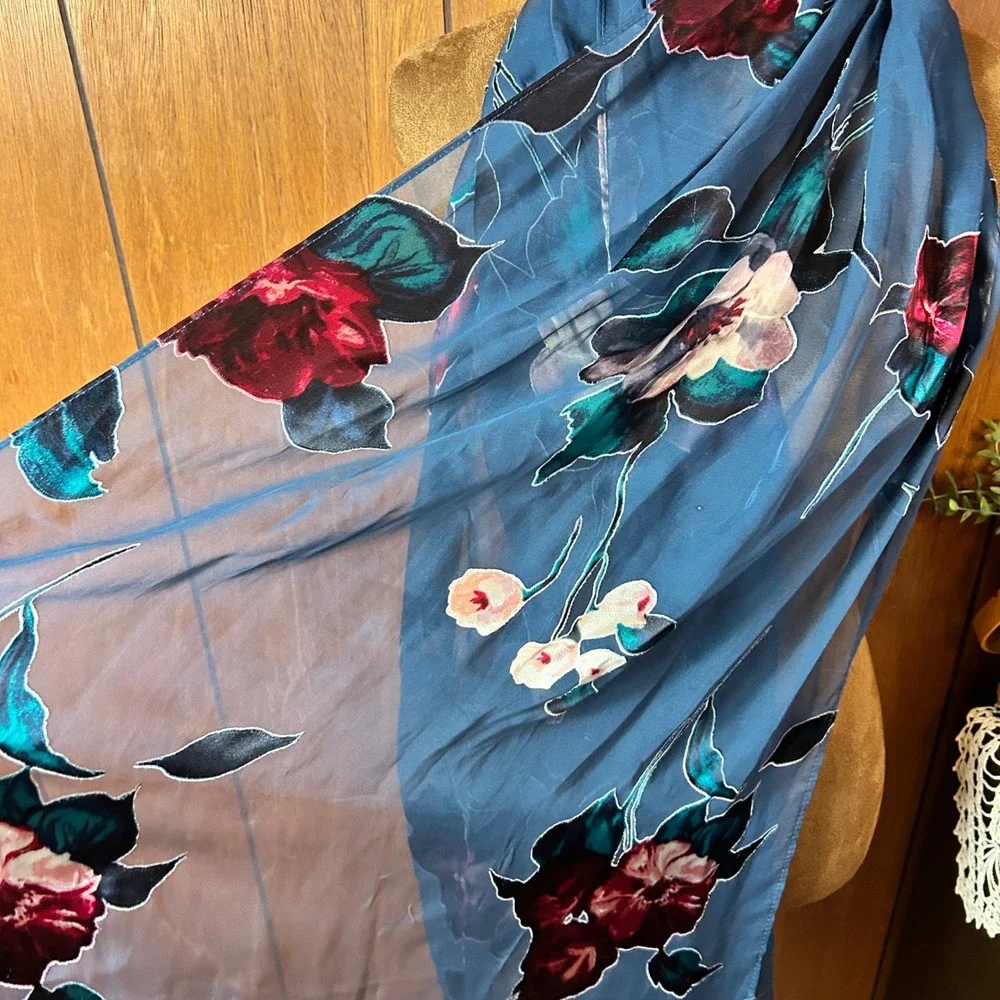 Sheer‎ Floral Scarf Blue Pink Green Large Lightweight Fashion Accessory
